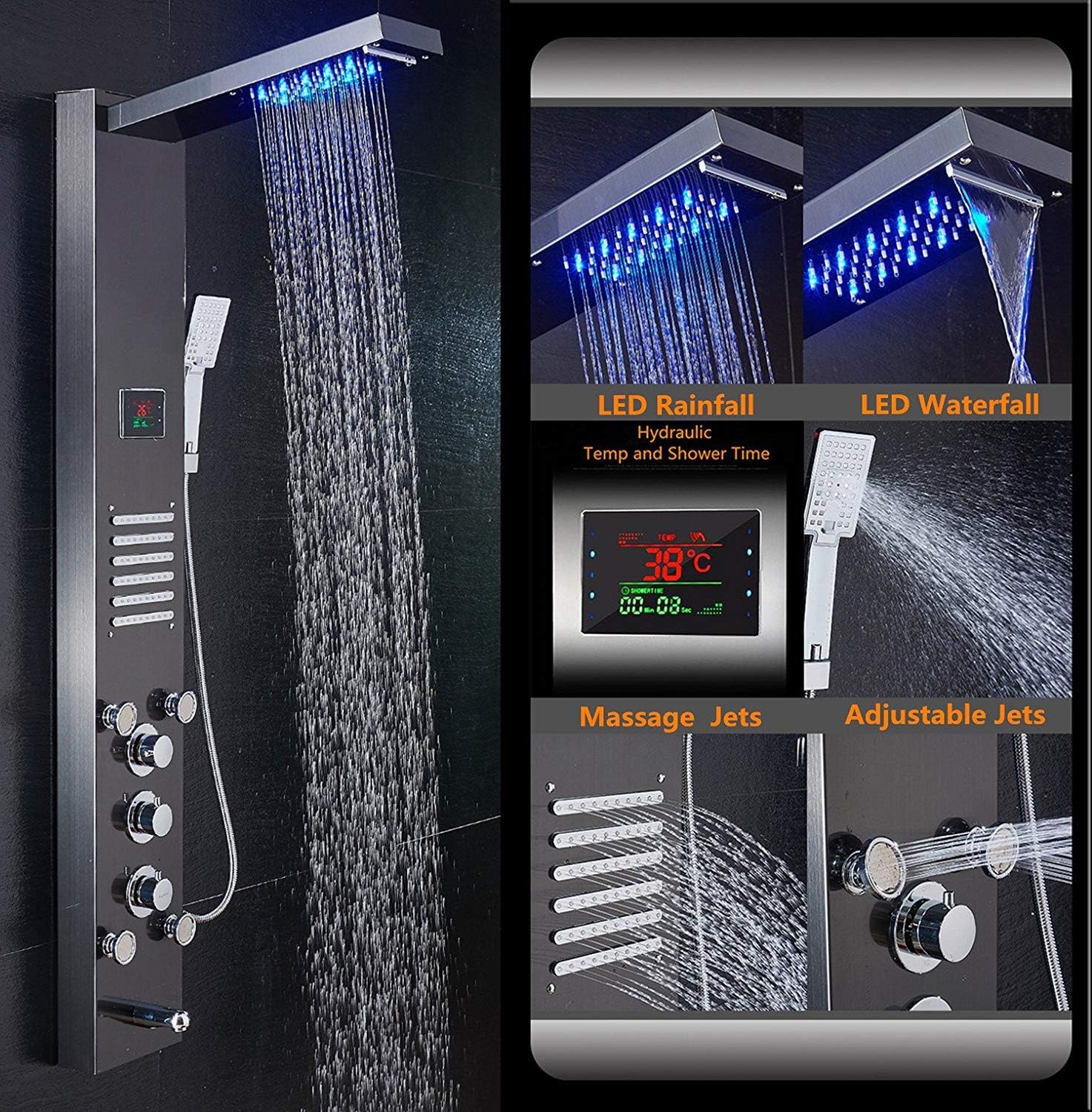 ELLO&ALLO LED Shower Panel Tower (Brushed Black) (image 2)