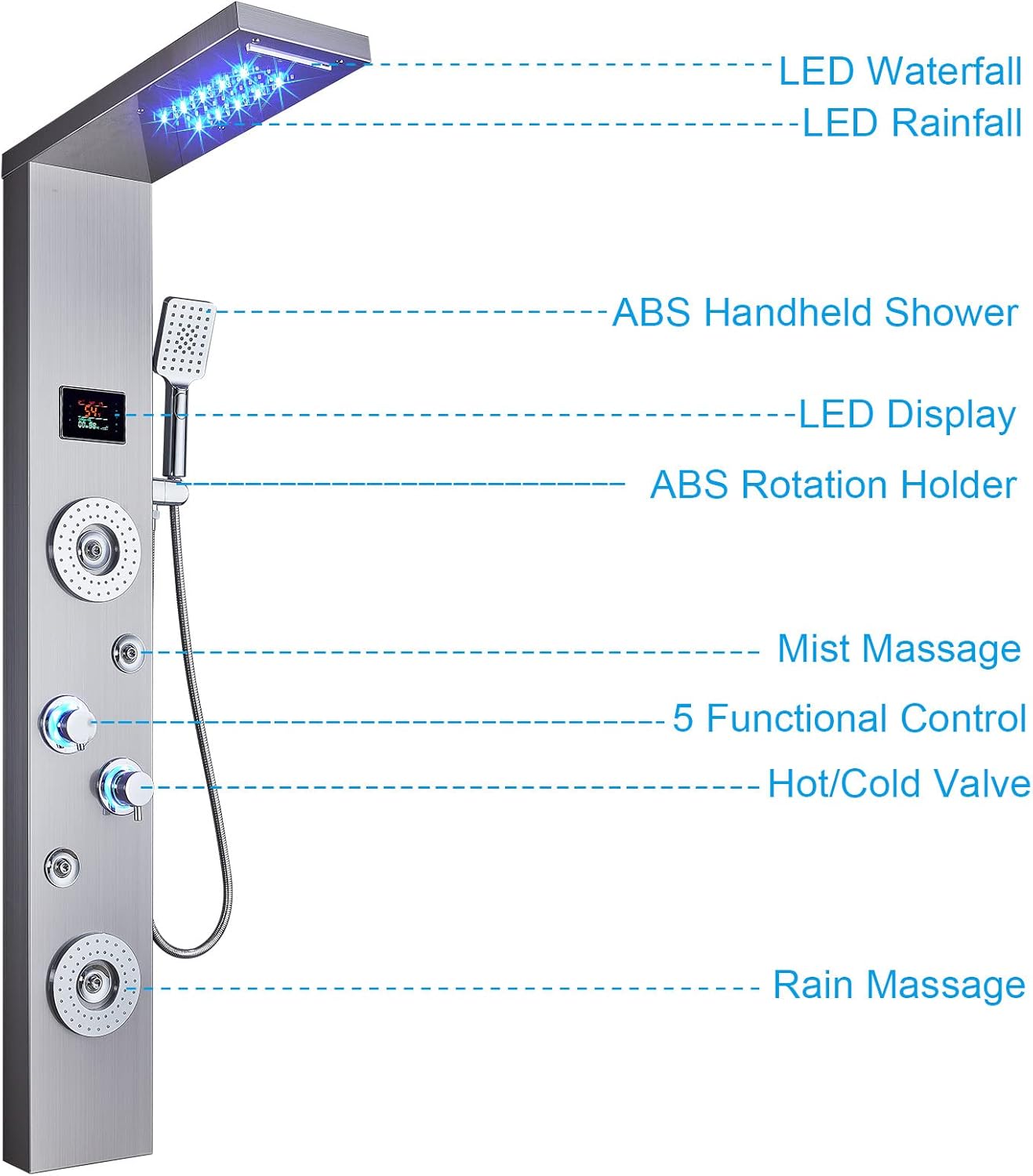 ELLO&ALLO LED Shower Panel Tower System, Brushed Nickel (image 5)