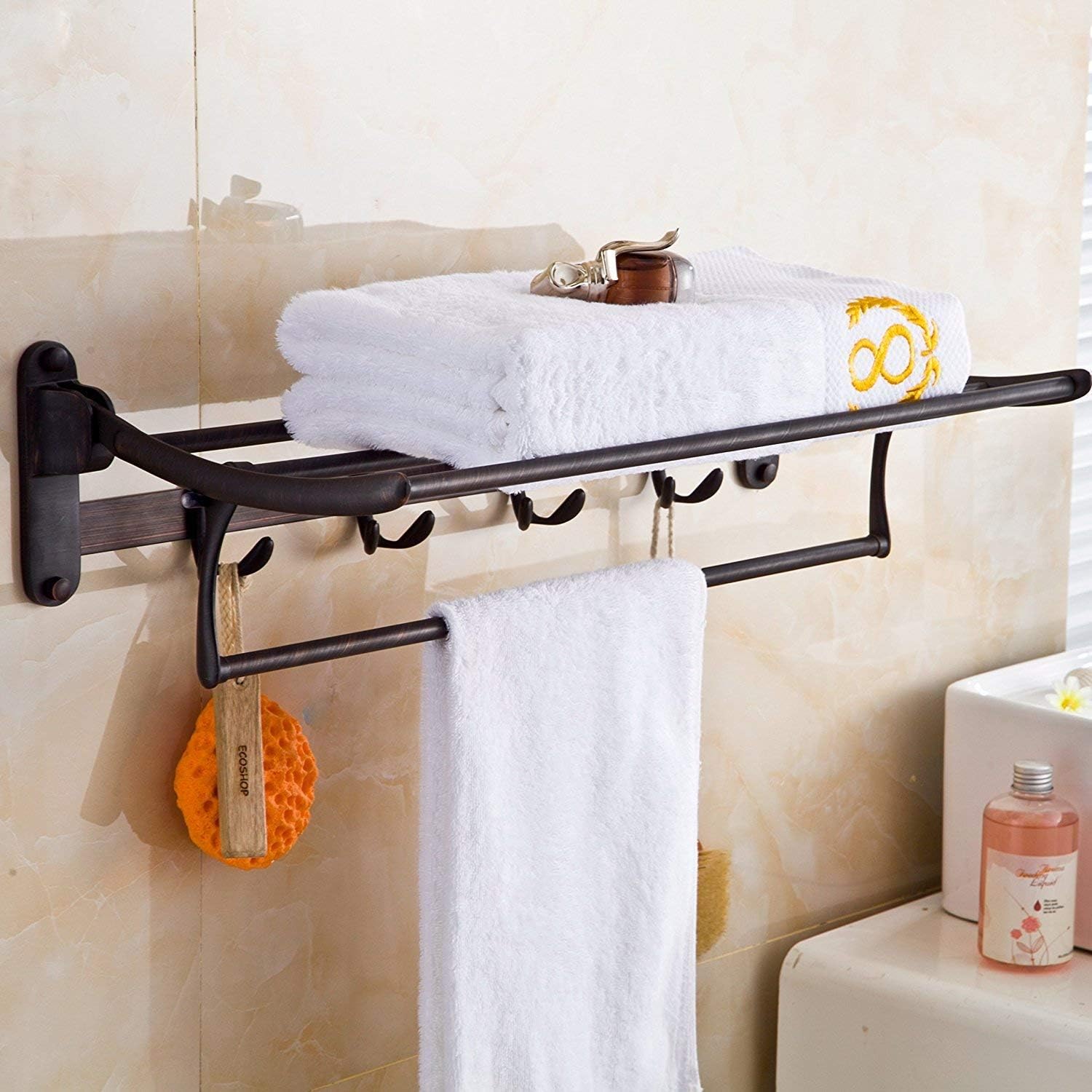 ELLO&ALLO Oil Rubbed Bronze Towel Rack with Foldable Bar and Hooks (image 2)