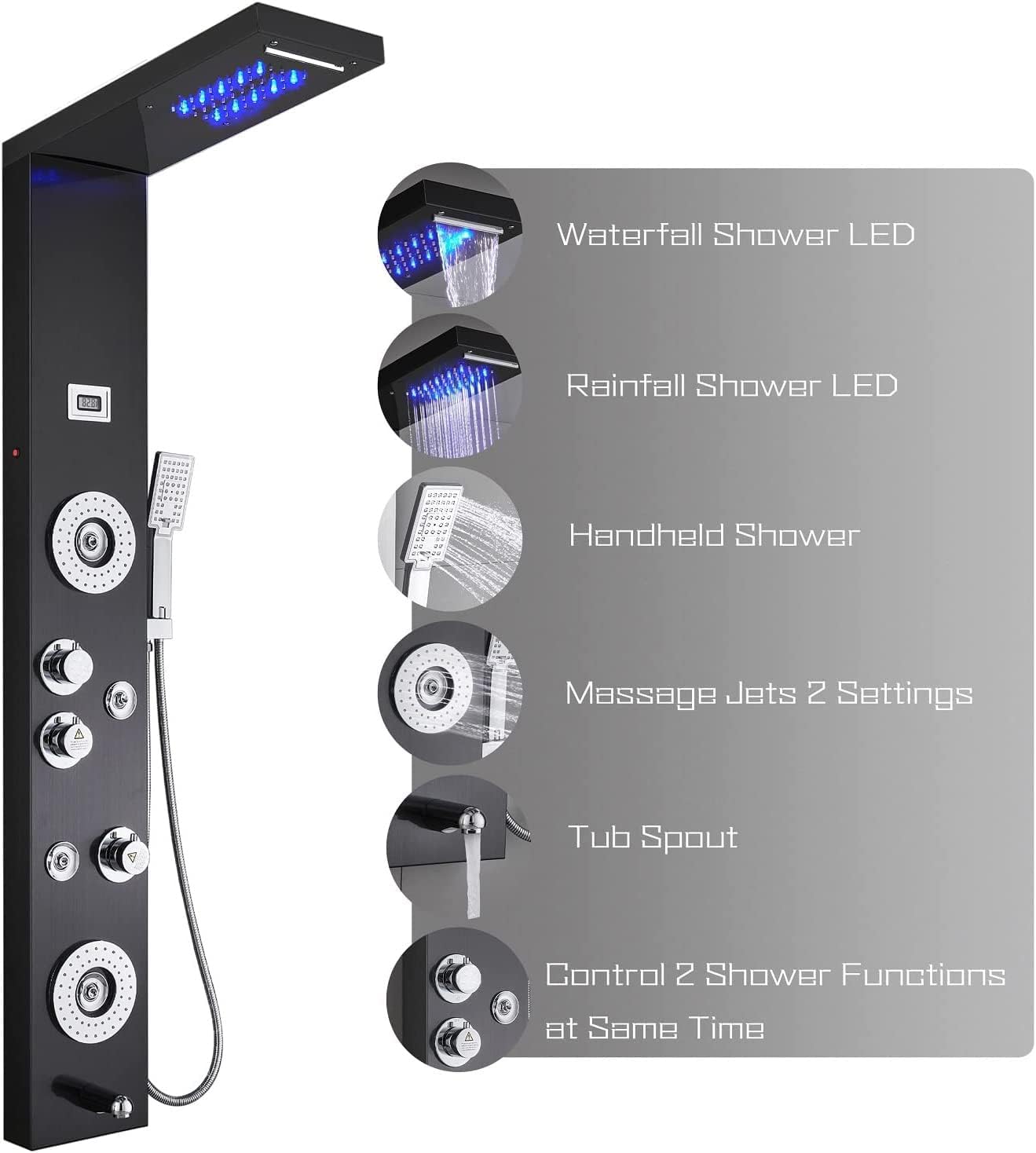 ELLO&ALLO Stainless Steel Shower Panel Tower System with LED Shower Head