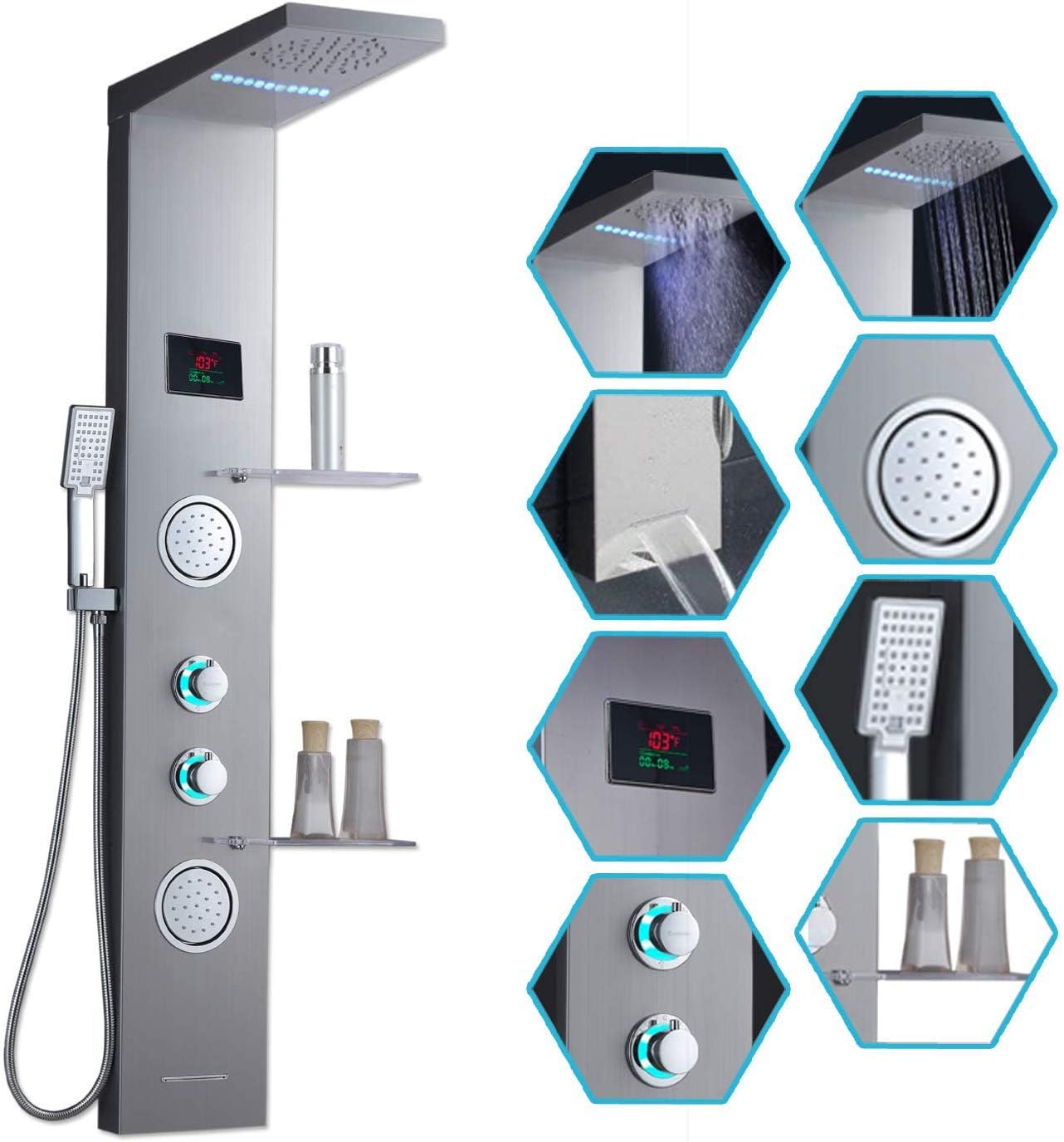 ELLO&ALLO Stainless Steel Shower Panel Tower with LED Rainfall Head