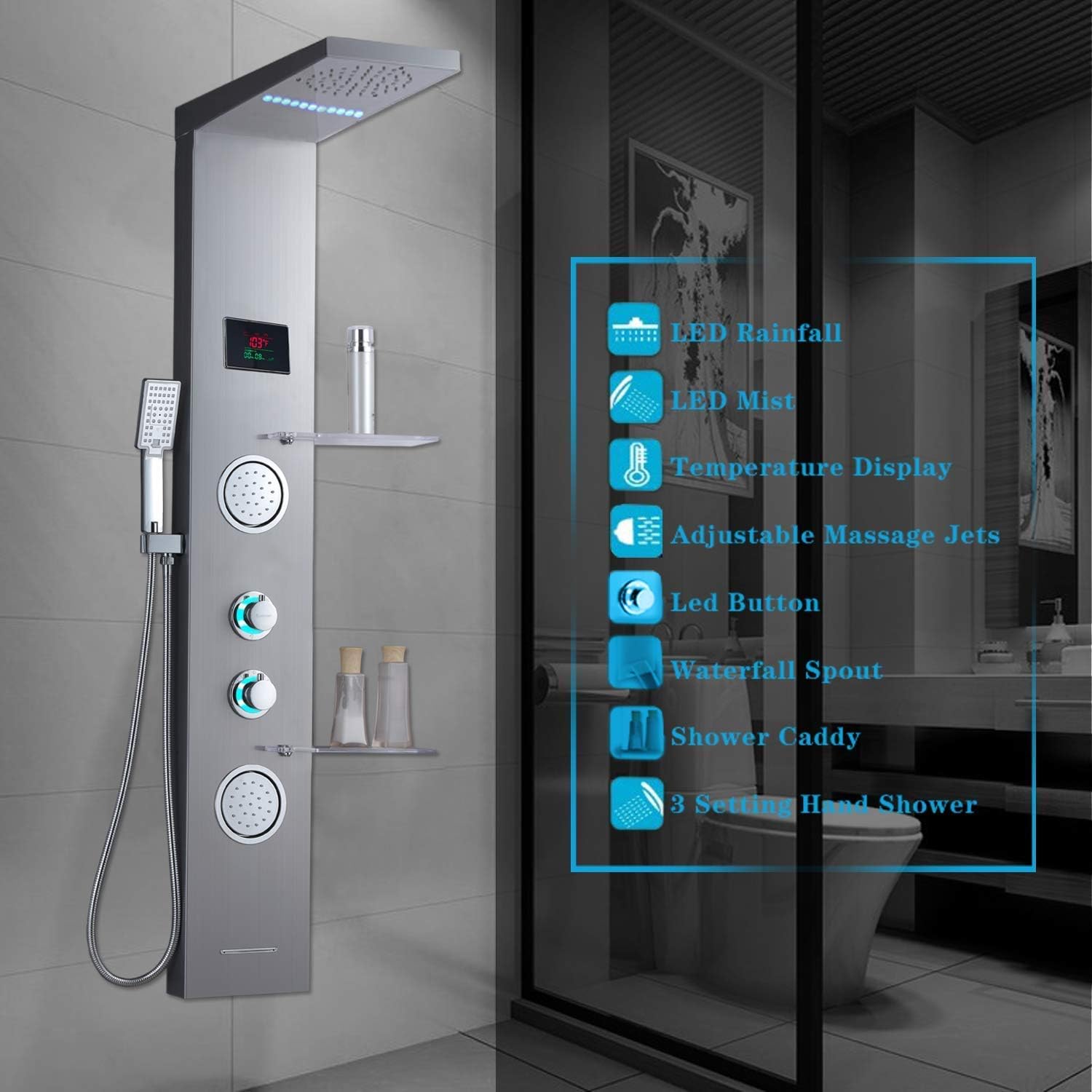ELLO&ALLO Stainless Steel Shower Panel Tower with LED Rainfall Head (image 2)